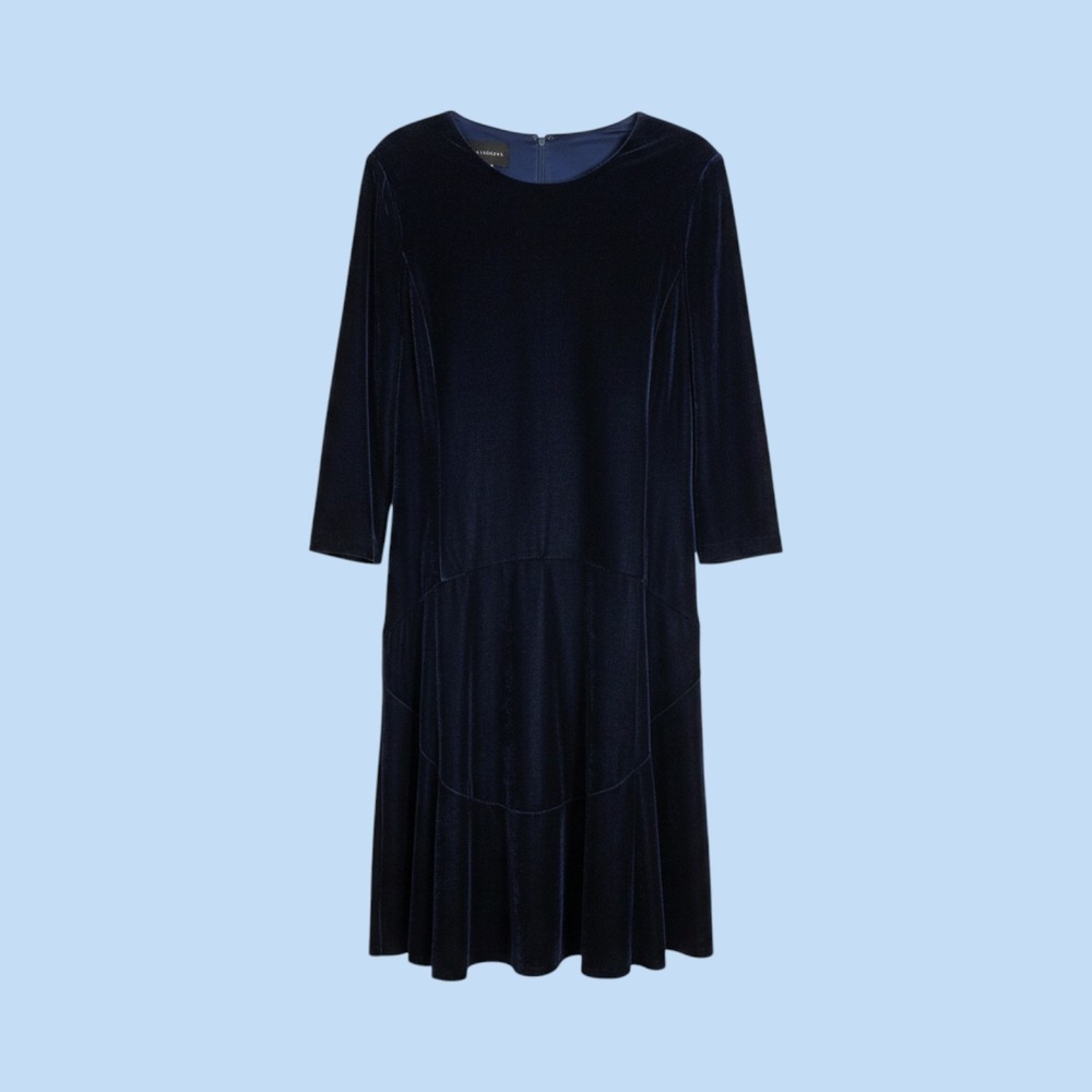Donna Morgan Navy Velvet Fit and Flare Dress 3/4 Sleeve Blue Size 10